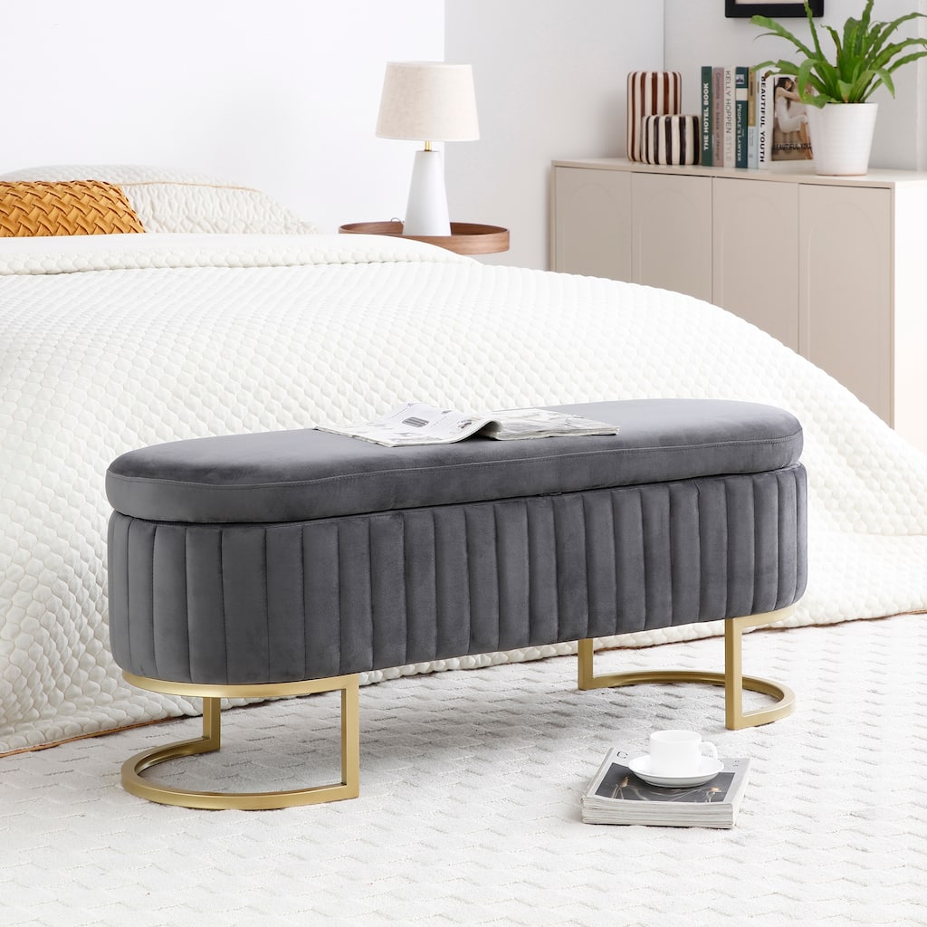 Storage Bench Bedroom Bench,Velvet Oval Upholstered End of Bed Bench with Golden Metal Legs,50" Storage Ottoman Bench