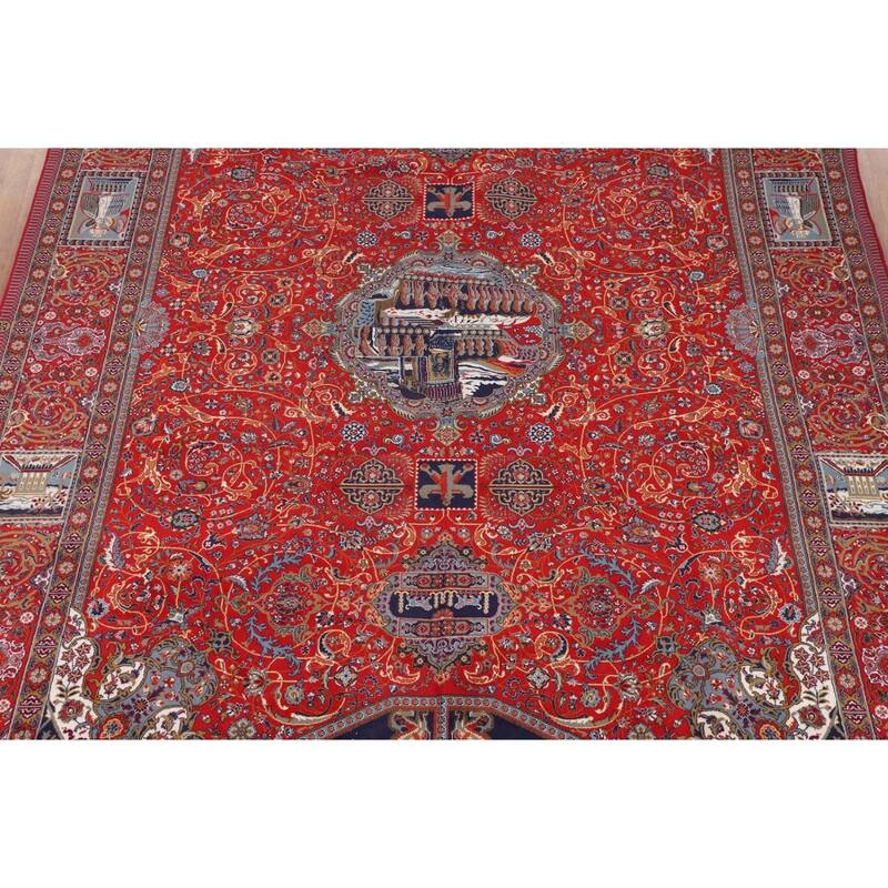 Red Pictorial Animals Kashan Turkish Area Rug Machine Made Carpet - 9'7" x 13'2"