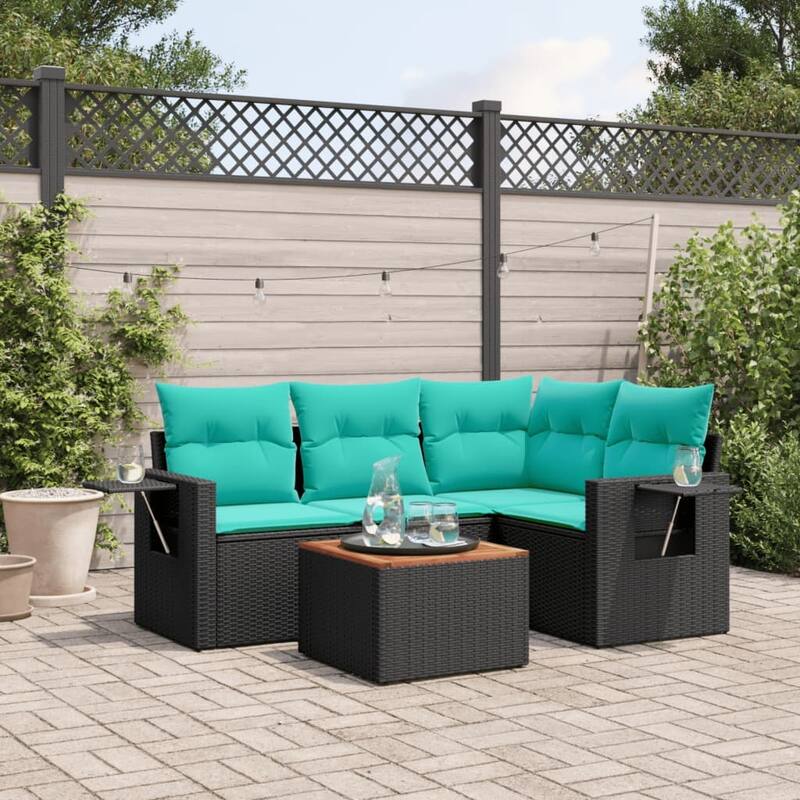 vidaXL 5 Piece Patio Sofa Set with Cushions Black Poly Rattan - 24.4 x 24.4 x 27.2
