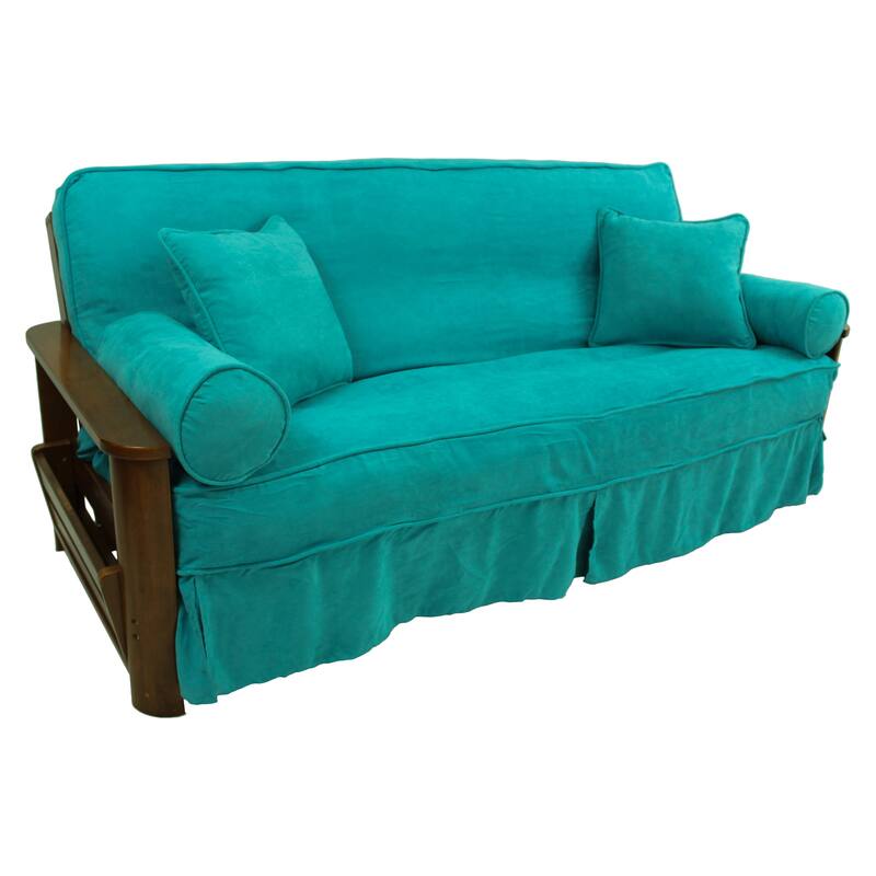 Microsuede Full-Size 8-10 Inch Thick Futon Slip Cover Set with Four Throw Pillows - Aqua Blue