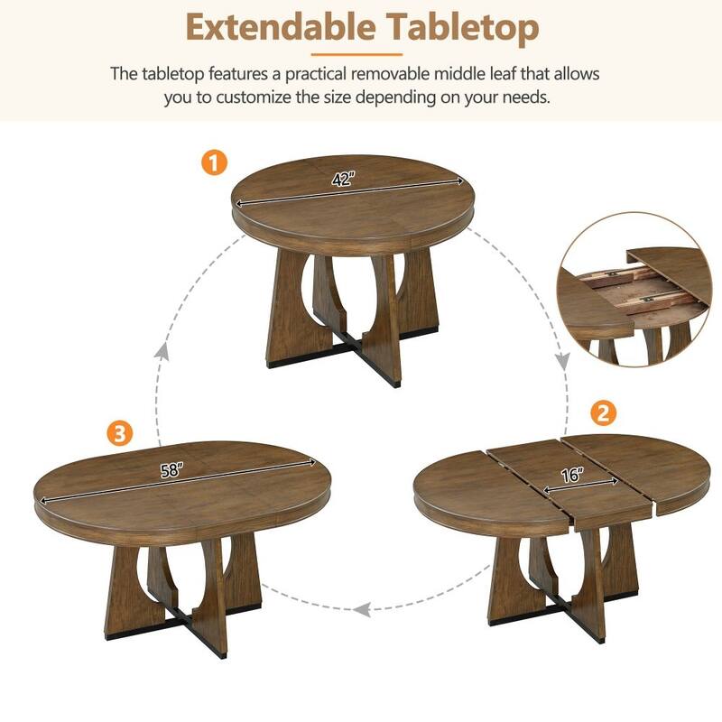 5-Piece Solid Wood Retro Rustic Functional Dining Set with 16" Removable Middle Leaf