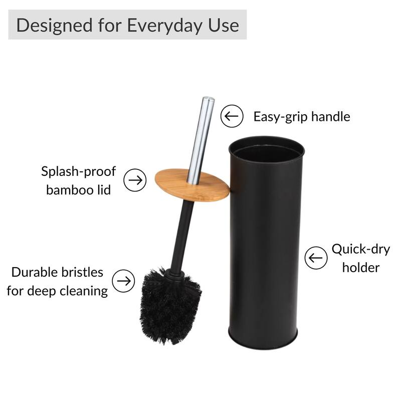 Metal Toilet Brush and Holder Set With Bamboo Lid
