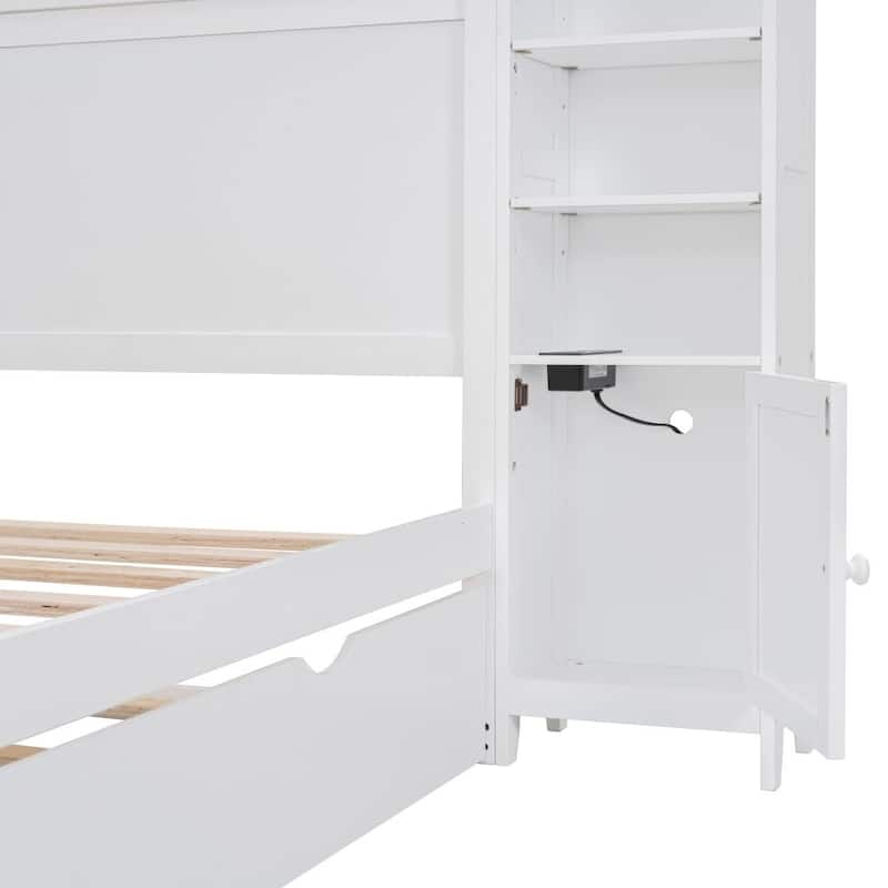 Full Size Wooden Bed With All-in-One Cabinet, Shelf and Sockets
