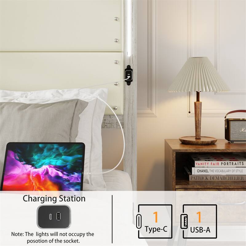 King Size LED Platform Bed with Charging Station and 4 Storage Drawers