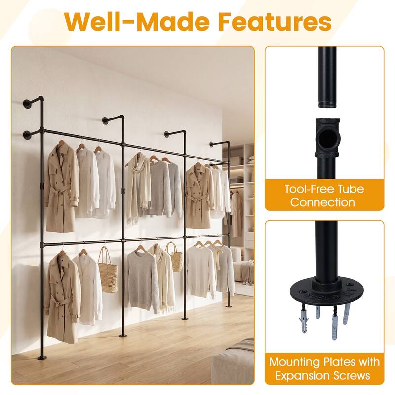 Gymax Industrial Pipe Clothing Rack Wall Mounted Heavy-Duty Metal