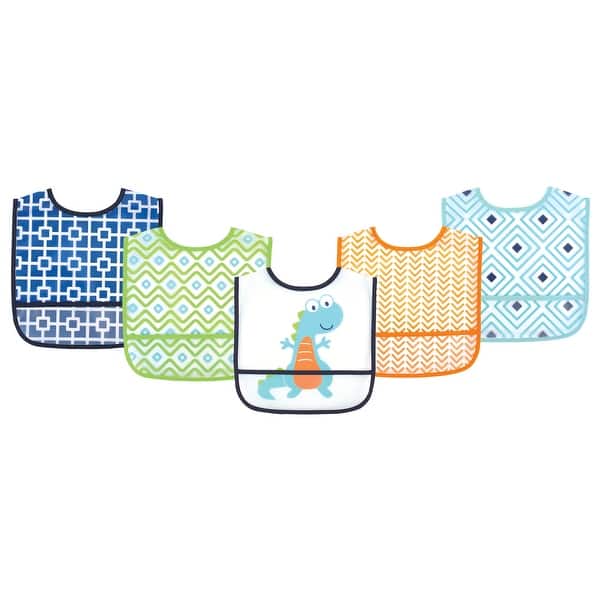 slide 1 of 1, Luvable Friends Baby Boy Waterproof PEVA Bibs 5pk, Dinosaur, One Size - Dinosaur - One Size One Size - Dinosaur