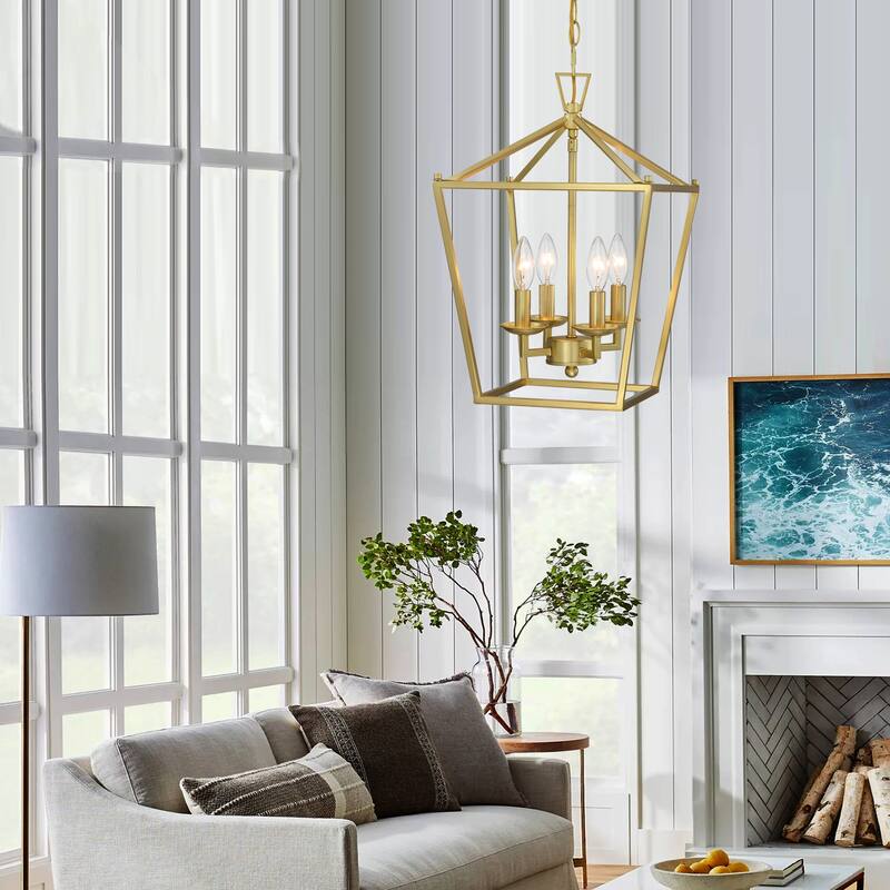 4 or 6-light pendant with steel cage shade and soft gold / Black finish