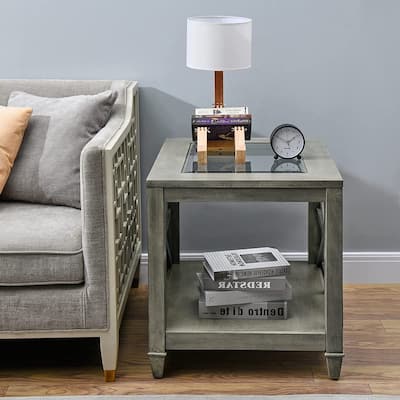 Solid Wood Farmhouse Square End Table with Tempered Glass Top