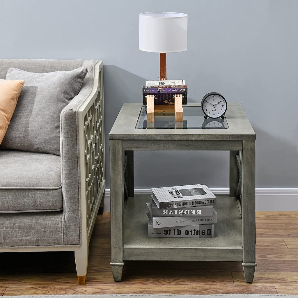 Solid Wood Farmhouse Square End Table with Tempered Glass Top