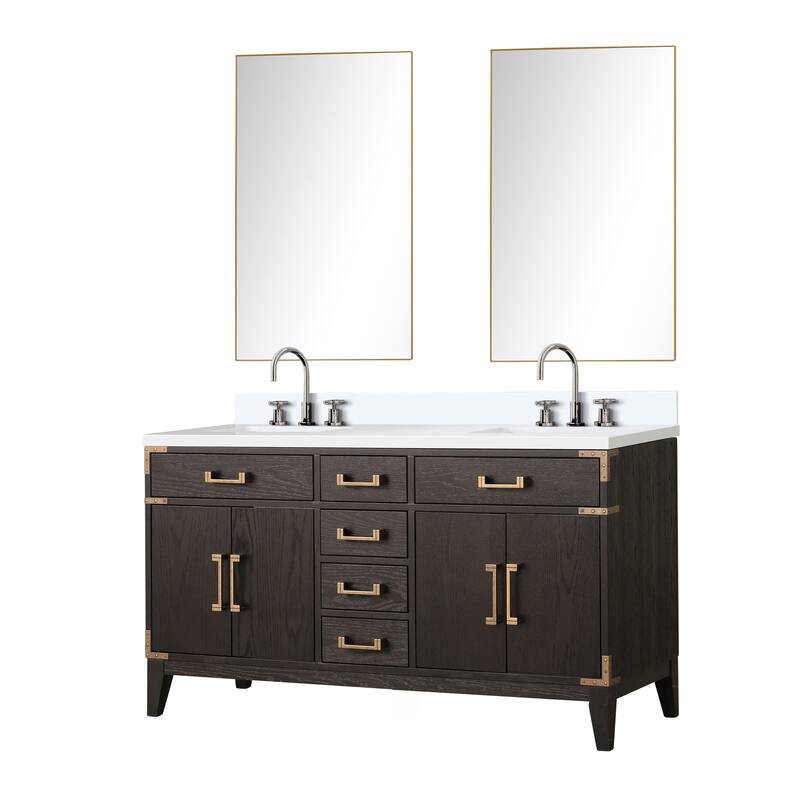 Laurel 60 in W x 22 in D Black Oak Double Bath Vanity, White Quartz Top, Faucet Set, and 28 in Mirrors
