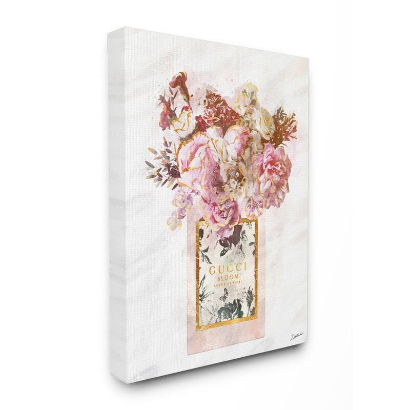 Stupell Floral Bouquet Fashion Style Shopping Bag Pink White Gold Canvas Wall Art - 36 x 48