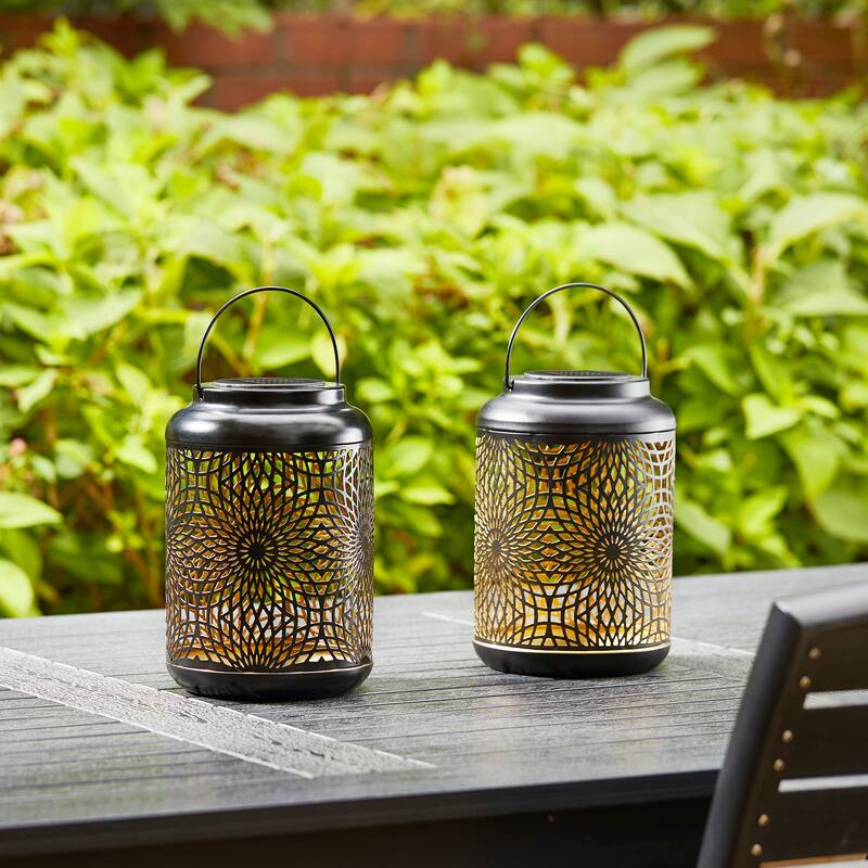 Glitzhome Set of 2 Metal Cutout Solar LED Outdoor Waterproof Hanging Lanterns