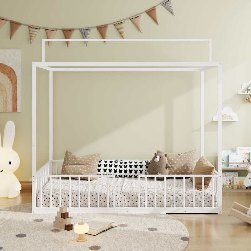 3-in-1 Convertible Metal Bed for Kids, Toddler Floor Bed, Fenced Bed and Montessori Elevated Bed with House-shaped Frame