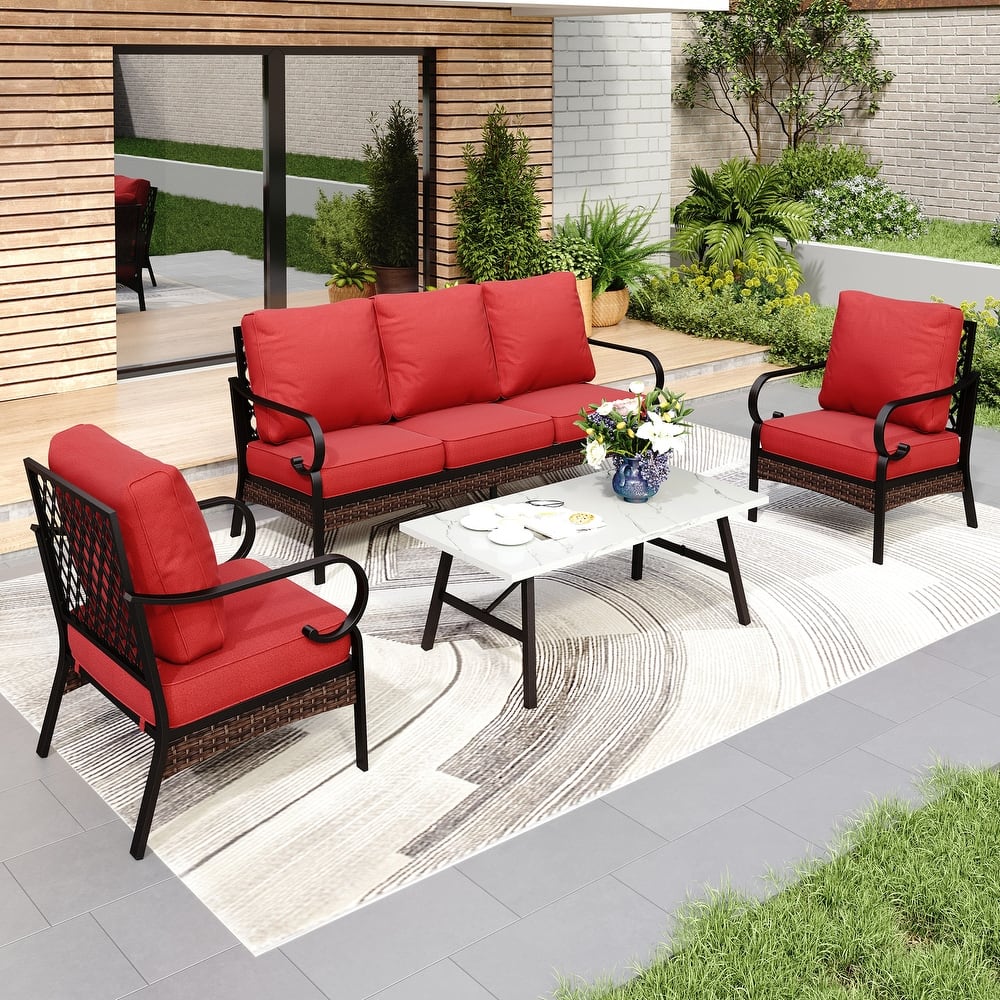 MAISON ARTS 5-Seat Outdoor Patio Furniture Sets, 2 x Cushioned Chairs, 1 x 3-Seat Sofa with Marbling Coffee Table
