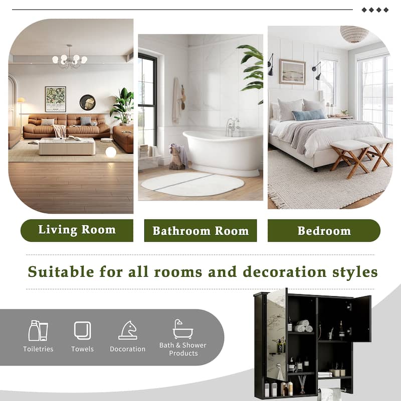 Wall Mounted Bathroom Storage Cabinet, Bathroom Medicine Cabinet with Mirror, Bathroom Wall Cabinet with Open Shelf & Towel Bar