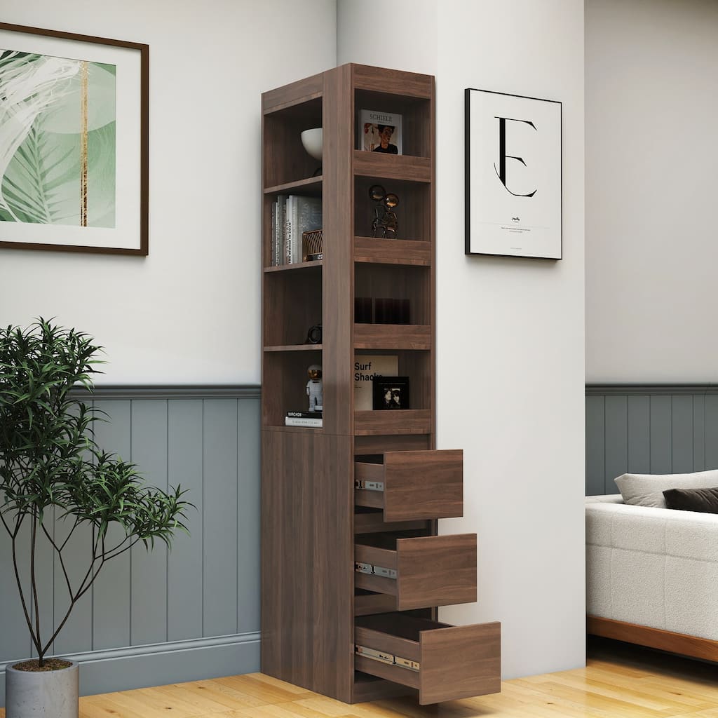 70.87 H Modern Wooden Tall Display Storage Cabinet with 4-Tier Shelves and 4 Small Display Shelves