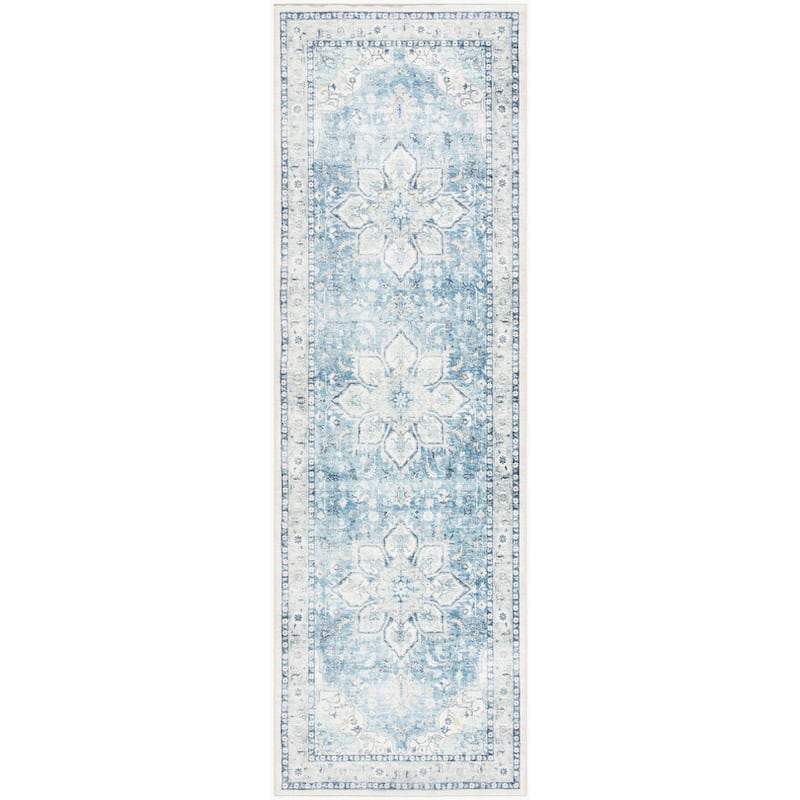 Livabliss Traditional Lavable Medallion Washable Area Rug - 2'6" x 8' - Blue/Off White