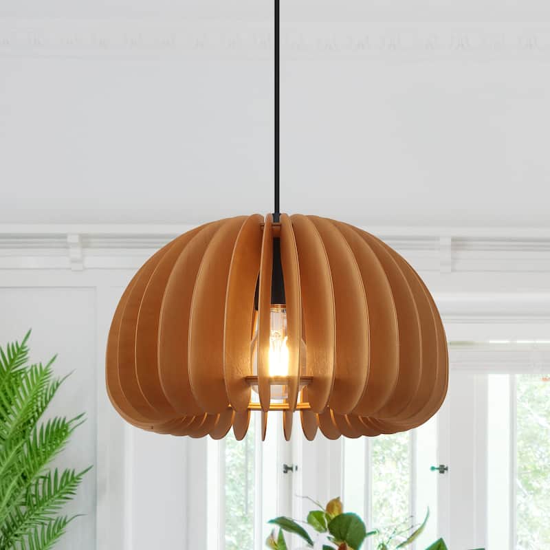 Single-light minimalist wooden pendant lamp with adjustable height - Medium