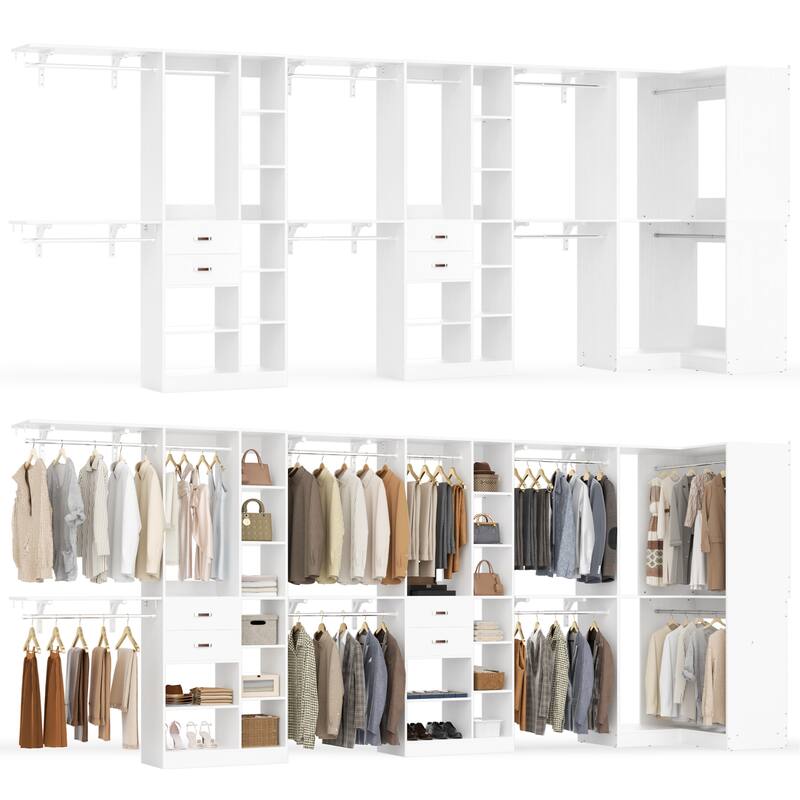 Rackcog 95'' - 188'' Closet System with Hanging Rods, Set of 3 Corner Closet Organizer with Drawers and Shelves