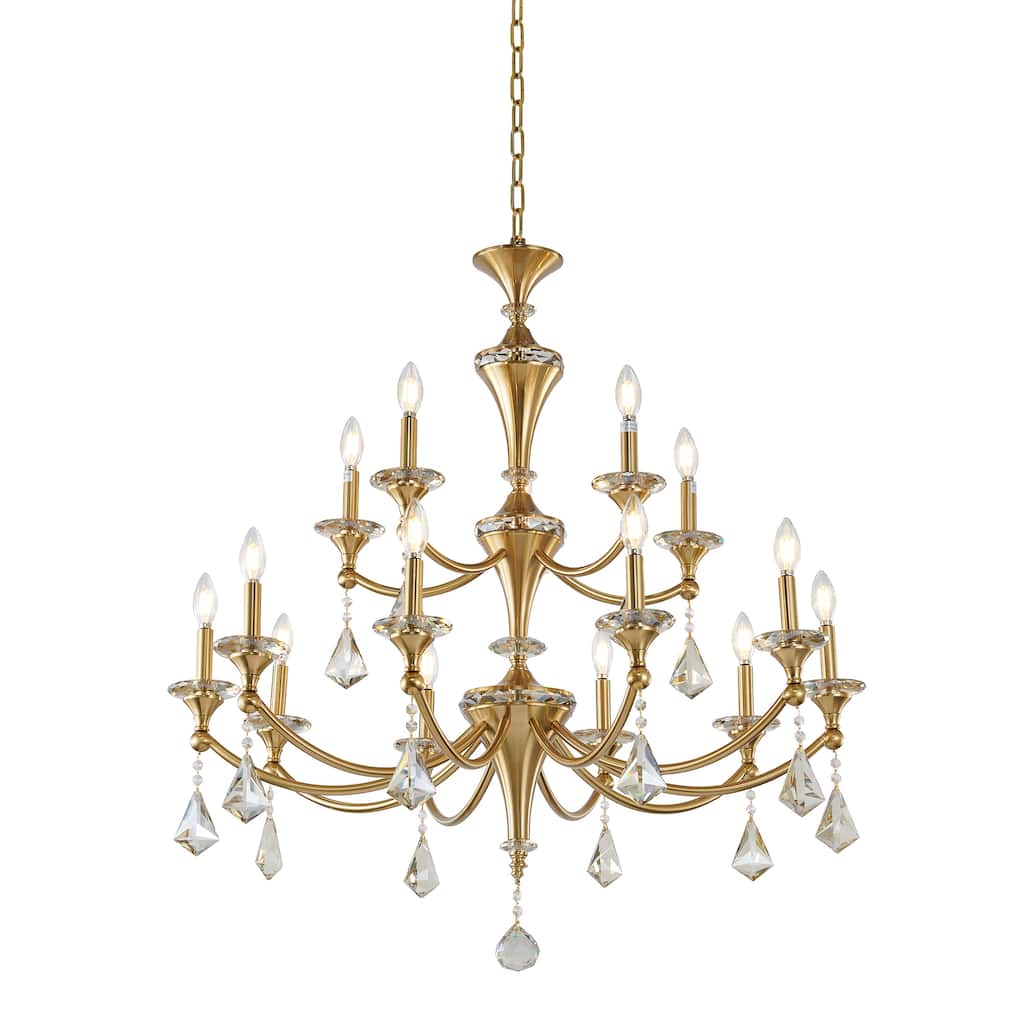 15-Light Satin Brass Chandelier With Clear And Champagne Crystals
