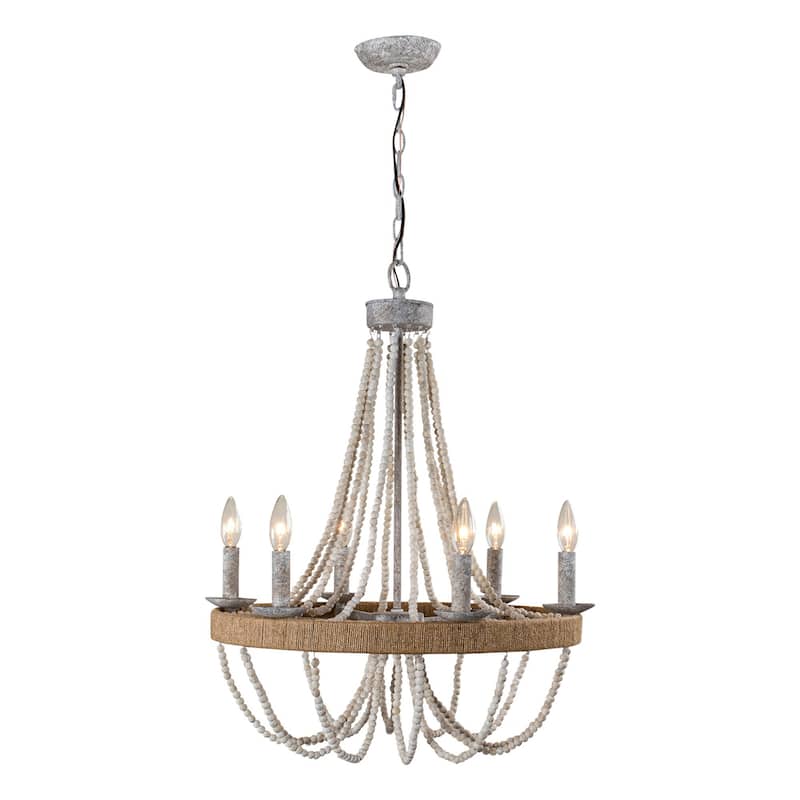 23.6" Farmhouse 6-Light Wood Bead Hemp Ropes Candle Chandelier - 23.6" L x 23.6" W x 22.7" H