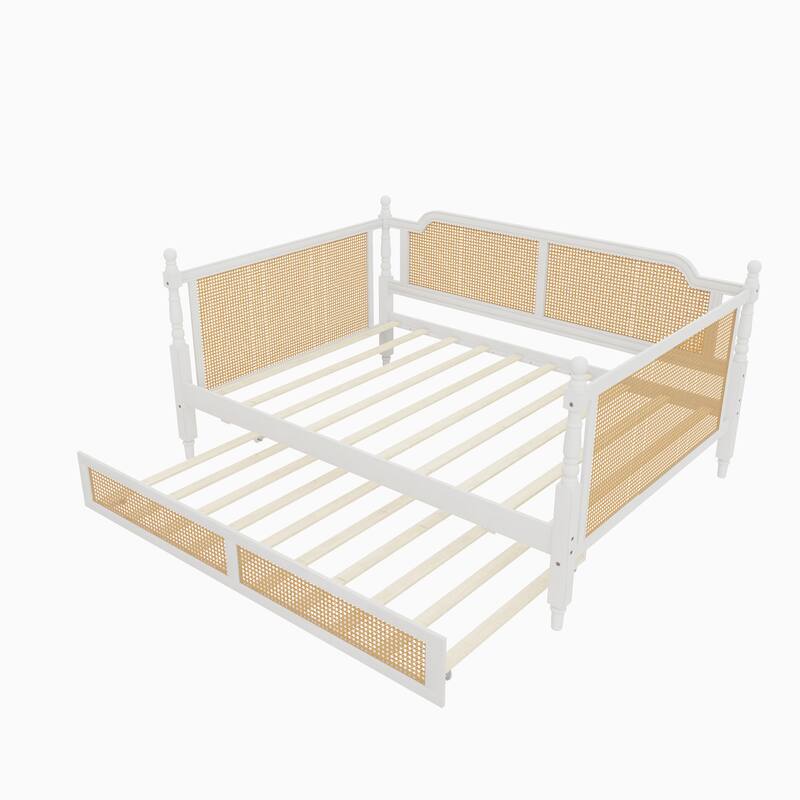 Twin/Full Rattan Bed Frame with Twin Size Trundle & Curved Headboard, Wood Bedframe Daybed for Limited Space, Bedroom Guest Room