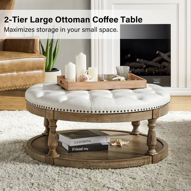 Dulcie Traditional Cocktail Vegan Leather Ottoman with Solid Wood Legs by HULALA HOME
