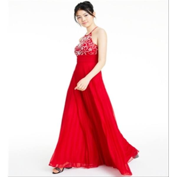 B. Darlin Women's Embellished Sleeveless Halter Full Length Prom Fit Flare Dress  Red Size 0 - Bed Bath & Beyond - 40570595