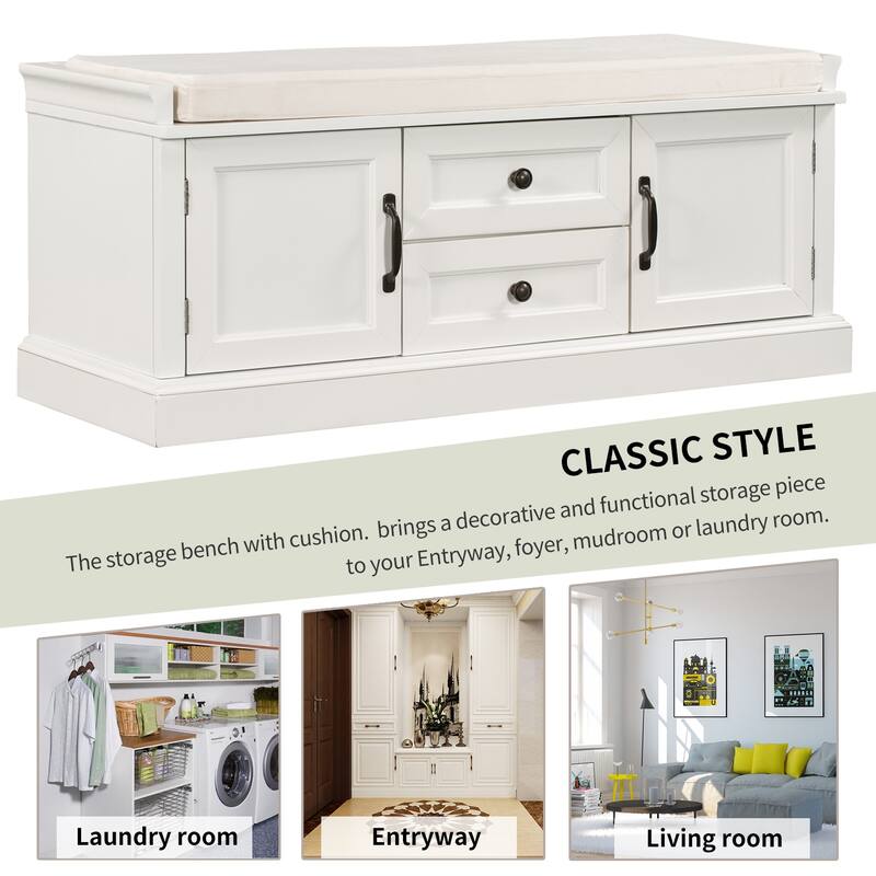 Storage Bench with 2 Drawers, 2 Cabinets and Removable Cushion - 42.5"L x 15.9"W x 17.5"H
