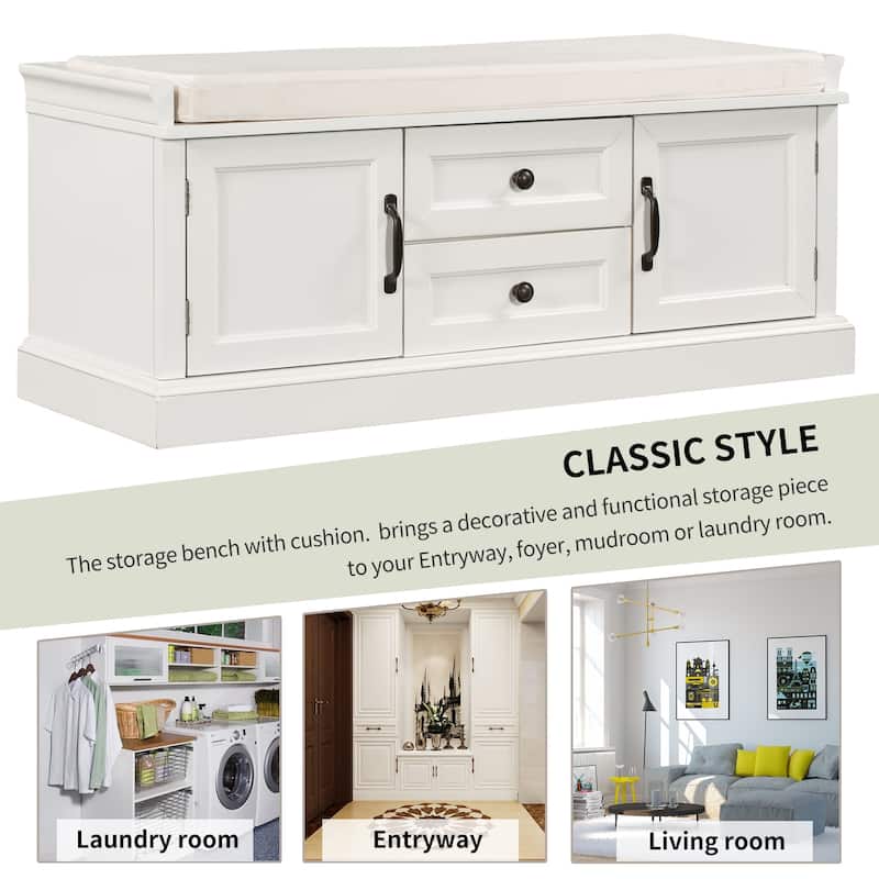 Storage Shoes Bench with 2 Drawers, 2 Cabinets and Removable Cushion