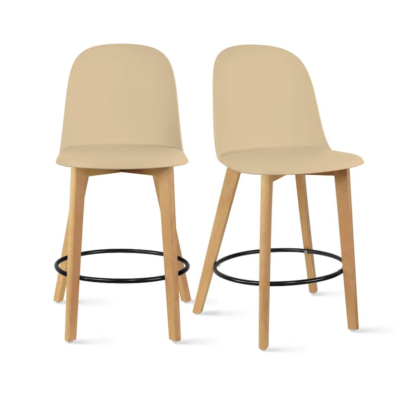 Set of 2 Designer Eiffel Chairs Counter Stools With Backs Side Molded Shell Kitchen Office Dining Dowel Bar Patio - Beige