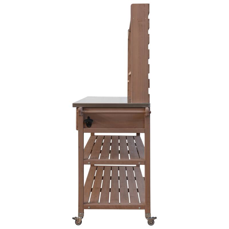 64.9"H Outdoor Potting Table with Lockable Wheels,Solid Wood Kitchen Island with Upper Hutch,Stainless Steel Top,Towel Rack
