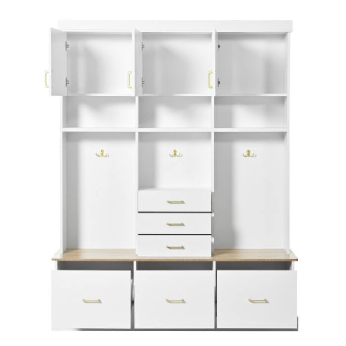 75" Hall Tree with Bench, 6 Drawers, 3 Cabinets & Coat Rack, 5-in-1 Entryway Storage