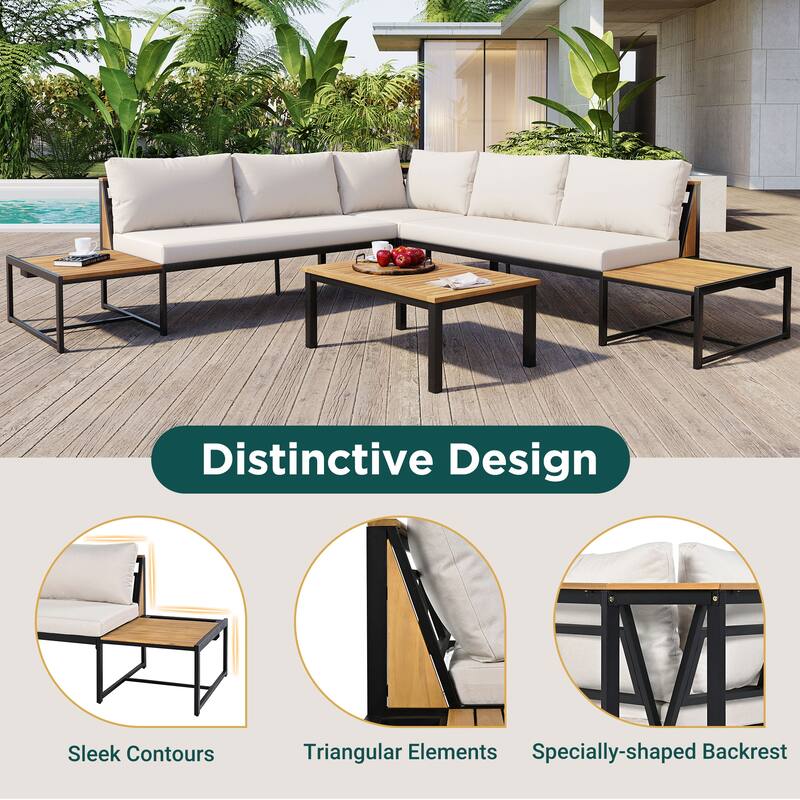 Outdoor 4-Piece Iron Sectional Sofa Set with Coffee Table & Storage Shelf