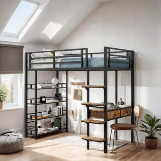 Twin Size Metal Loft bed with Desk and Shelves, Black