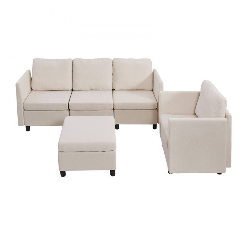 Beige Cotton-Linen Modular Sectional Sofa with Storage, Kid-Friendly Cushions and Wood Frame