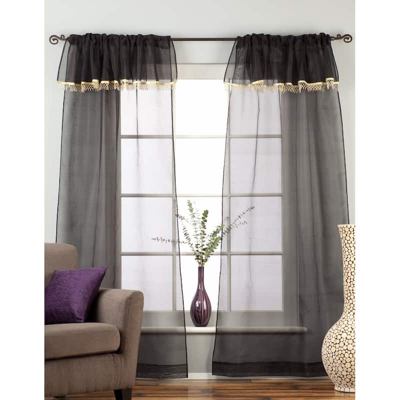 Black Rod Pocket w/ attached Beaded Valance Sheer Tissue Curtains - Piece - Black - 84 Inches