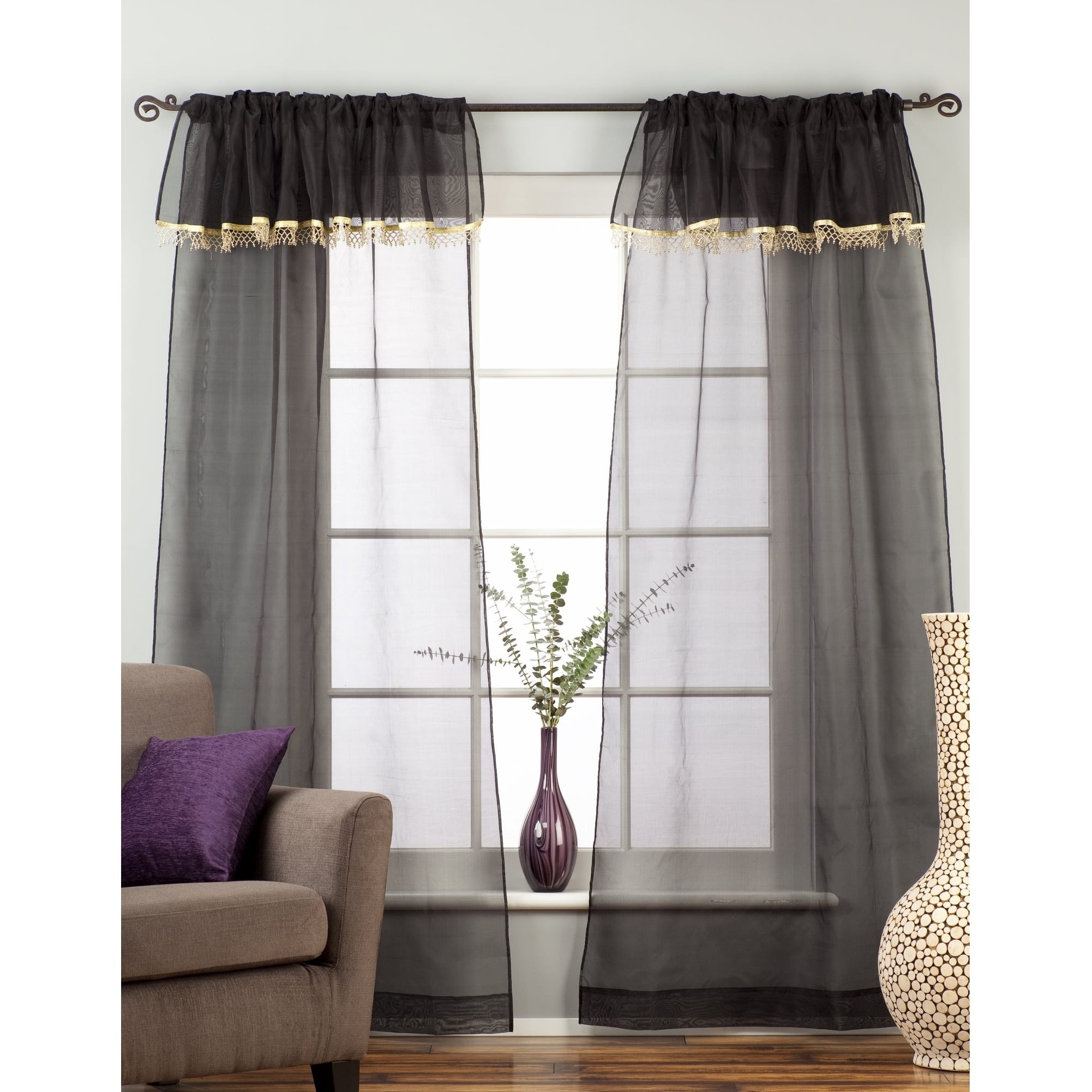 Black Rod Pocket w/ attached Beaded Valance Sheer Tissue Curtains ...