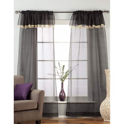 Black Rod Pocket w/ attached Beaded Valance Sheer Tissue Curtains - Piece