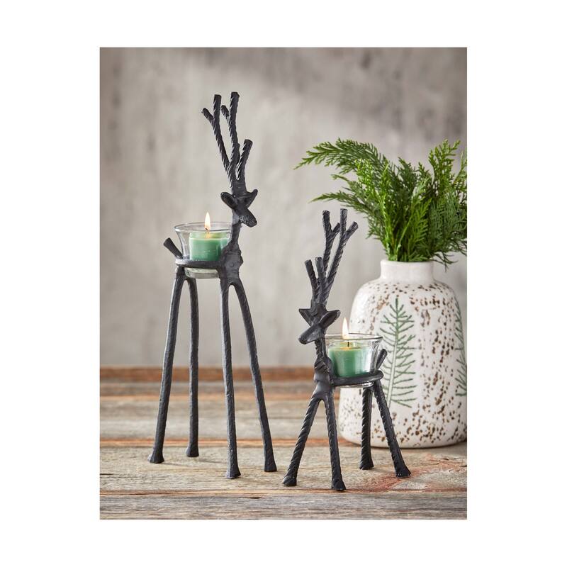 Christmas Rustic Aluminum Reindeer Tealight Candle Holder Short, 10 inch