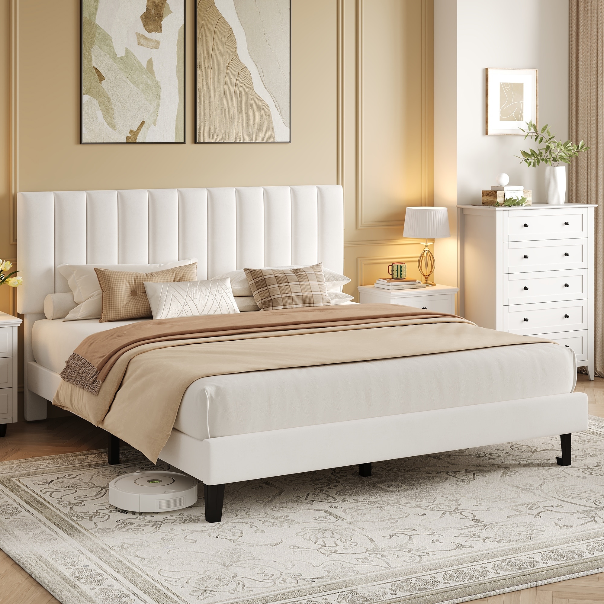 Bed Frame with Adjustable Velvet Upholstered Headboard, Vertical Channel Tufted Platform Bed Frame