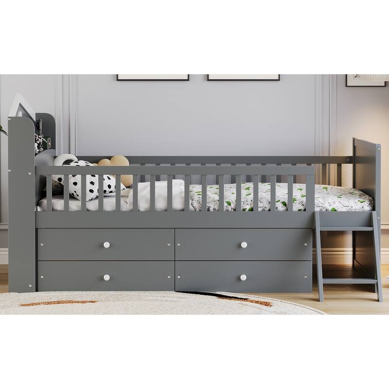 Twin Bed with 4 Drawers and Guardrail Headboard