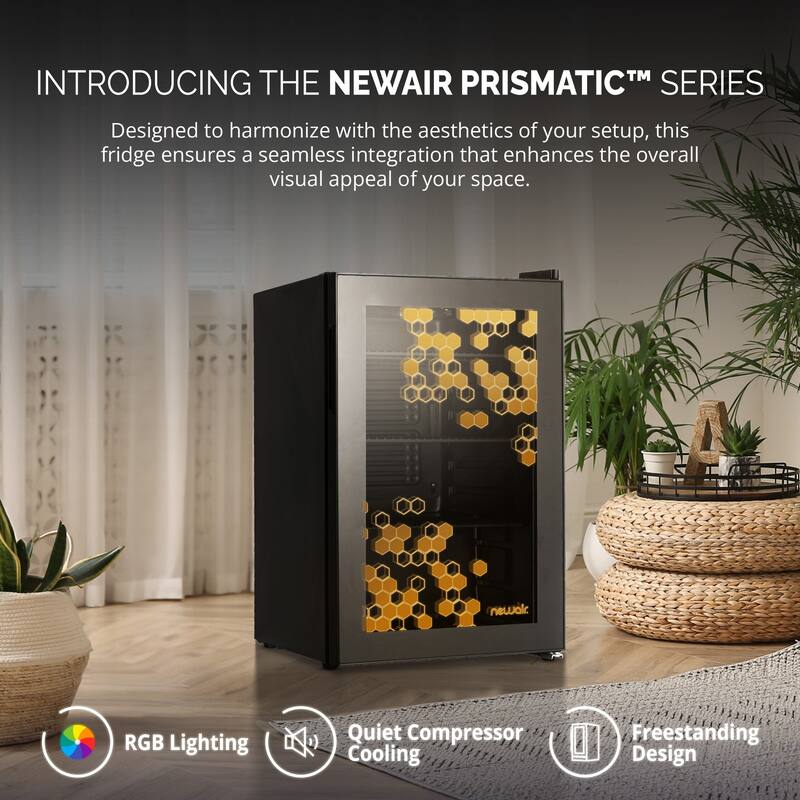 Newair Prismatic Series 85 Can Beverage Refrigerator with RGB HexaColor LED Lights, Mini Fridge for Gaming with Remote Control