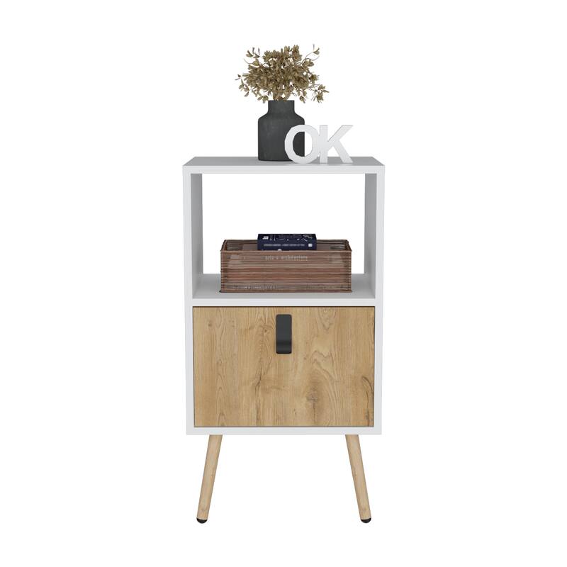 Modern Nightstand with Drawer and Open Storage, White / Macadamia