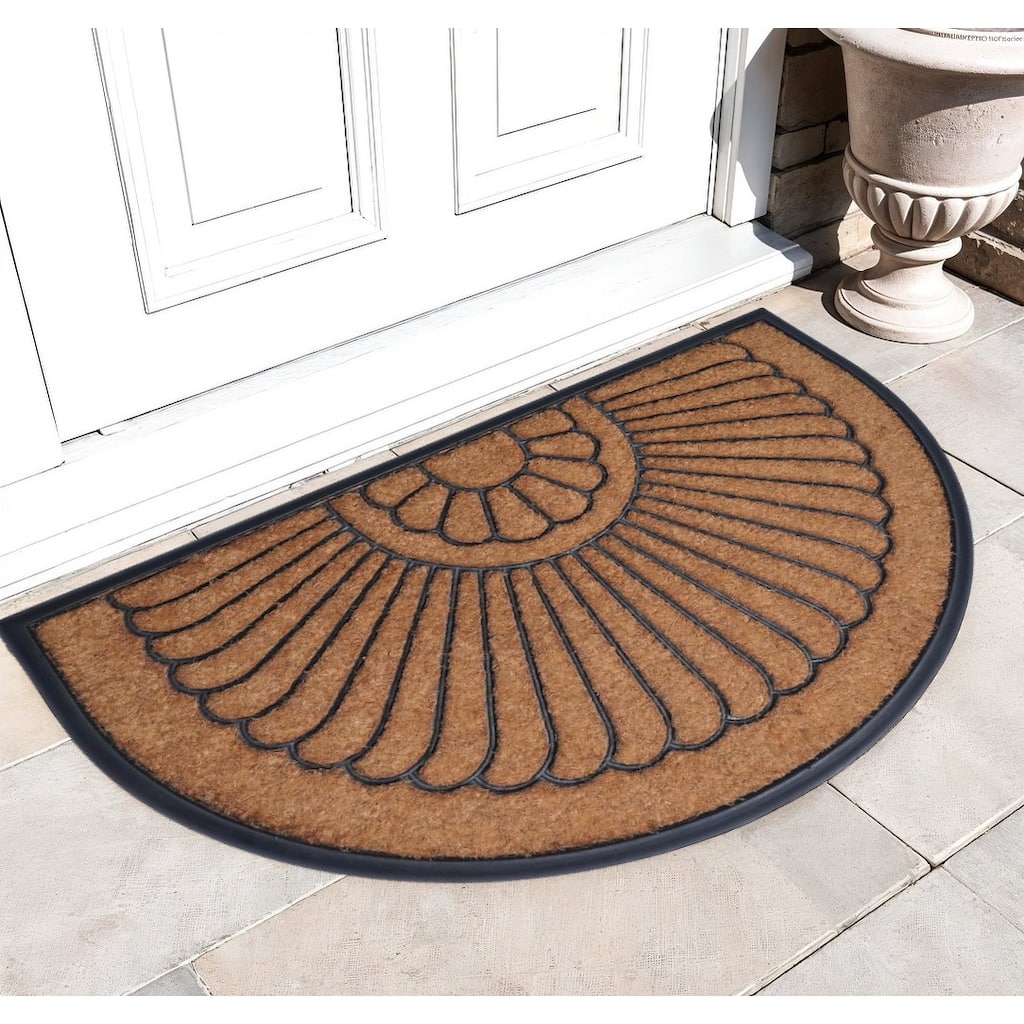 HomeRoots 24" X 36" Black And Natural Semi Circle Outdoor Coir And Rubber Door Mat - 24' X '36