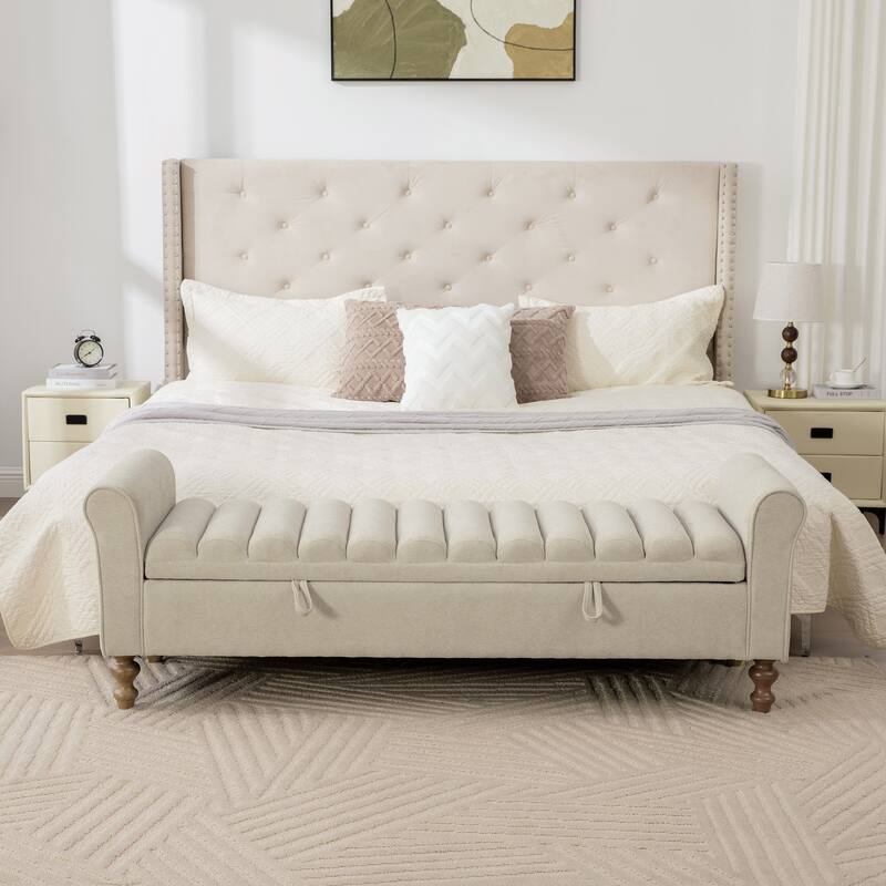 65.55" Storage Ottoman Bench, Bed of End Bench Upholstered Bench with Rolled Armrests