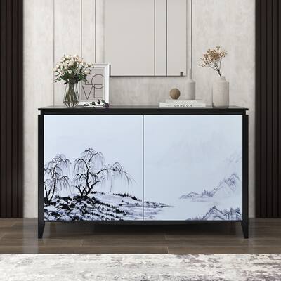 Sideboard Entryway Table with Art Spray Painting, Sofa Table Side Table with 2 Drawers & 4 Shelves for Living room Entryway
