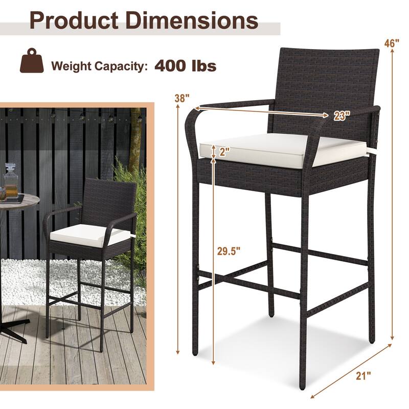 2PCS Patio PE Wicker Bar Chairs Counter Height Barstools with Cushions