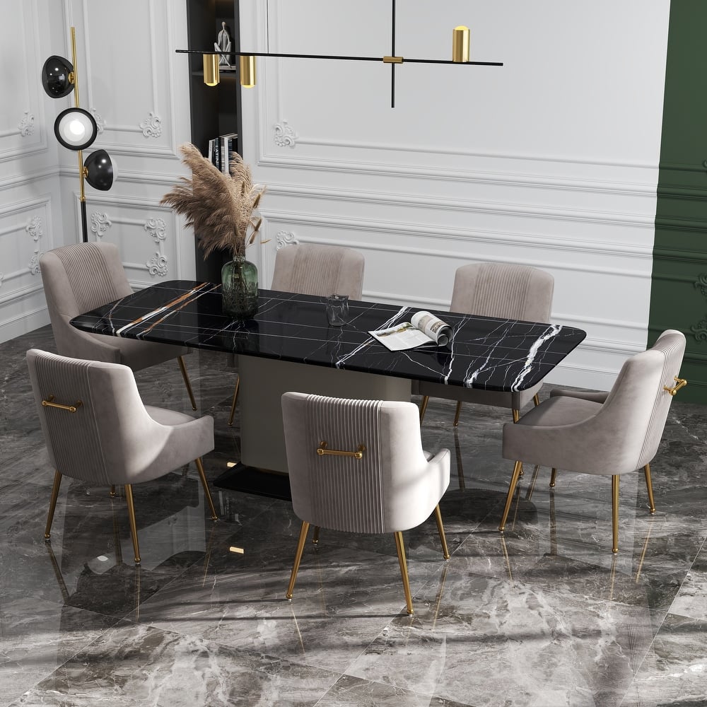 SEYNAR Modern Glam Boucle Pleated Velvet Dining Chair or Vanity Chair Set of 6 with Rear Handle