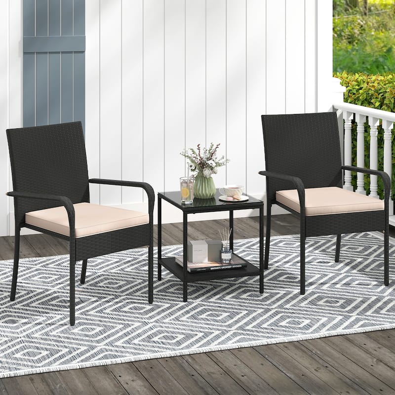 3 Piece Black PE Rattan Patio Set with Metal Frame, Cushions and Glass Table - Chair: 23" x 22.5" x 35"